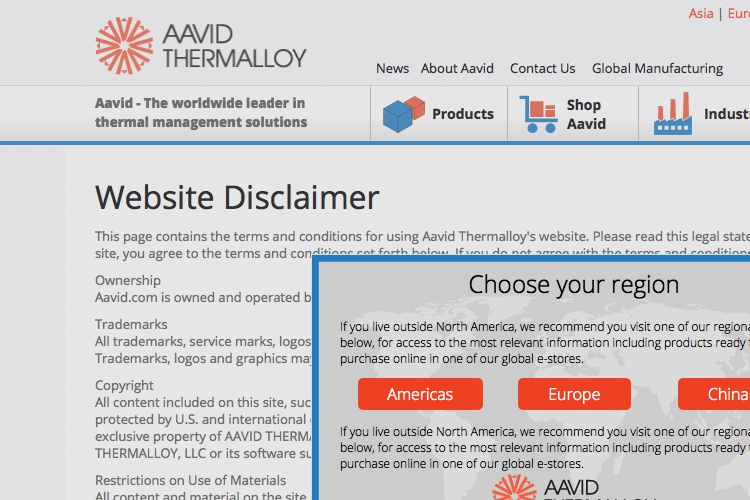 Screenshot of Aavid Website Disclaimer