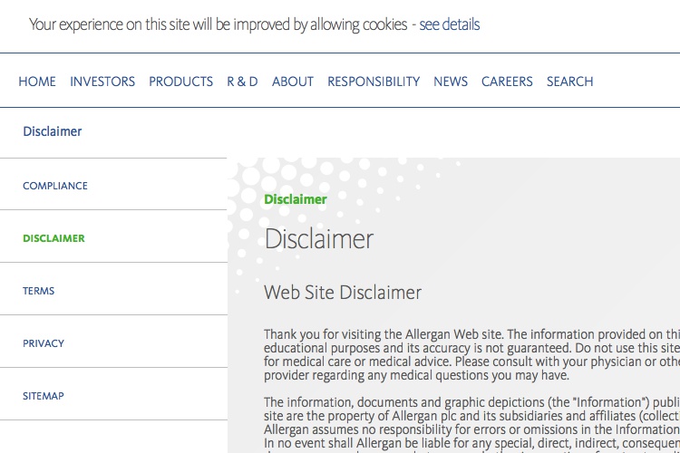 Screenshot of Allergan Web Disclaimer