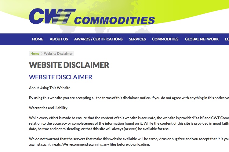 Screenshot of CWT Commodities Website Disclaimer