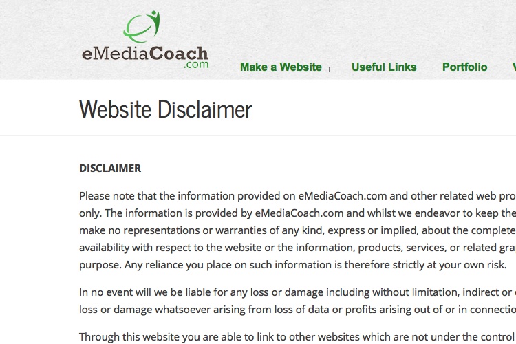 Screenshot of eMediaCoach Website Disclaimer Website