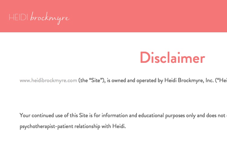 Screenshot of Heidi Brockmyre Website Disclaimer