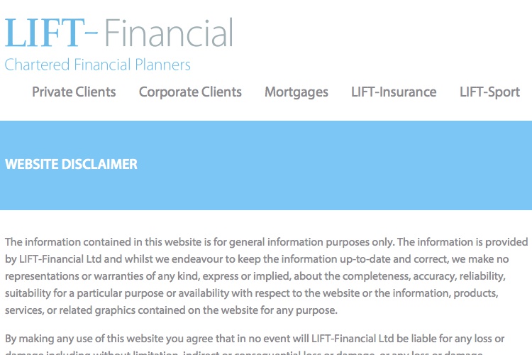 Screenshot of LIFT-Financial Website Disclaimer