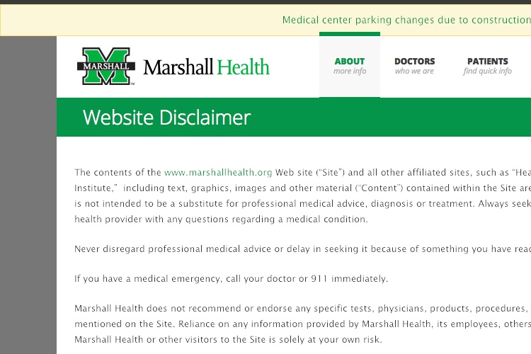 Screenshot of Marshall Street Website Disclaimer