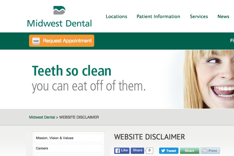 Screenshot of Midwest Dental Website Disclaimer