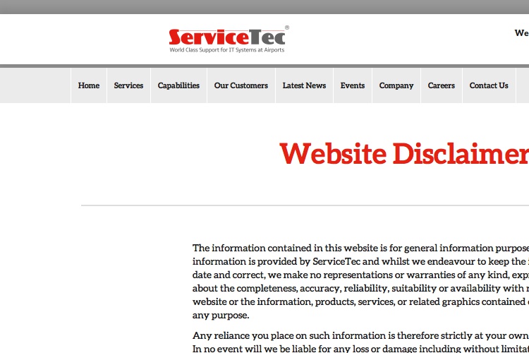 Screenshot of ServiceTec Website Disclaimer