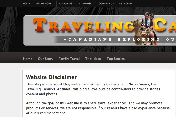 Screenshot of Traveling Canucks Website Disclaimer