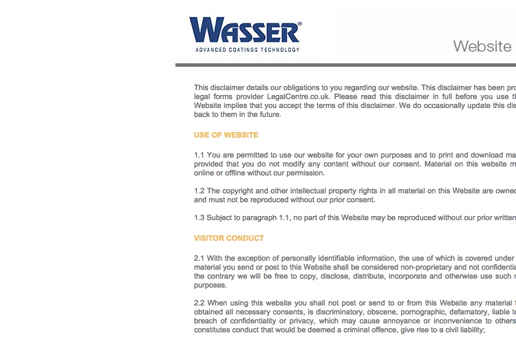 Screenshot of Wasser Website Disclaimer